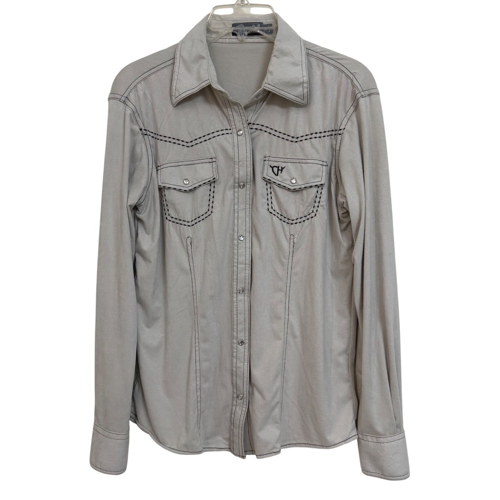 Cowgirl Hardware Womens Gray Faux‎ Suede Western Snap Shirt Rhinestone Accents